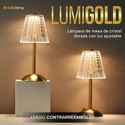 LumiGold – Lámpara de mesa de cristal dorado con luz ajustable