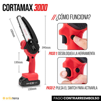 CortaMax 3000 – Mini motosierra inalámbrica y portátil para trabajos de jardinería y bricolaje