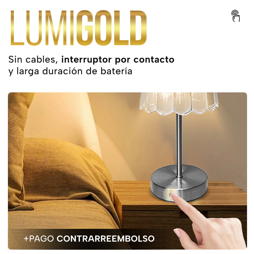 LumiGold – Lámpara de mesa de cristal dorado con luz ajustable