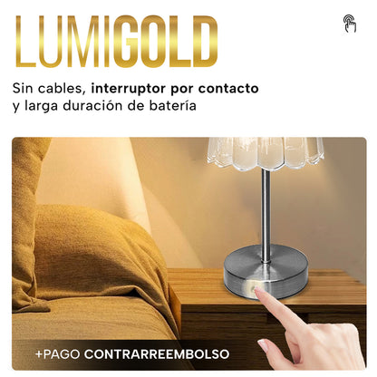 LumiGold – Lámpara de mesa de cristal dorado con luz ajustable