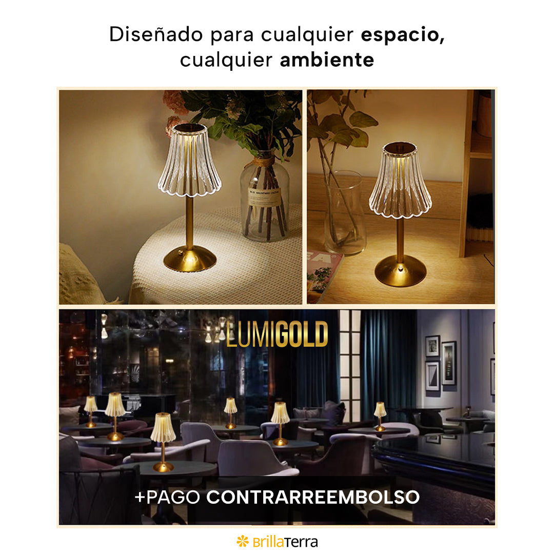 LumiGold – Lámpara de mesa de cristal dorado con luz ajustable