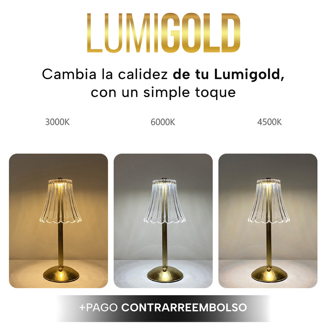 LumiGold – Lámpara de mesa de cristal dorado con luz ajustable